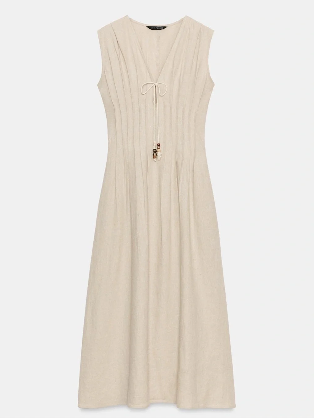 Zara light beige pleated linen midi dress